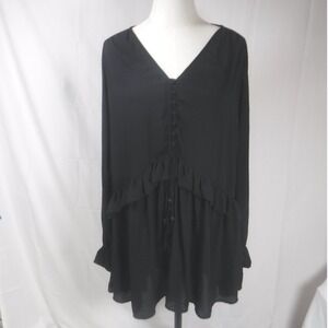HM Black Long Sleeve Ruffle Peplum Blouse V-Neck Button Front Top US 4‎